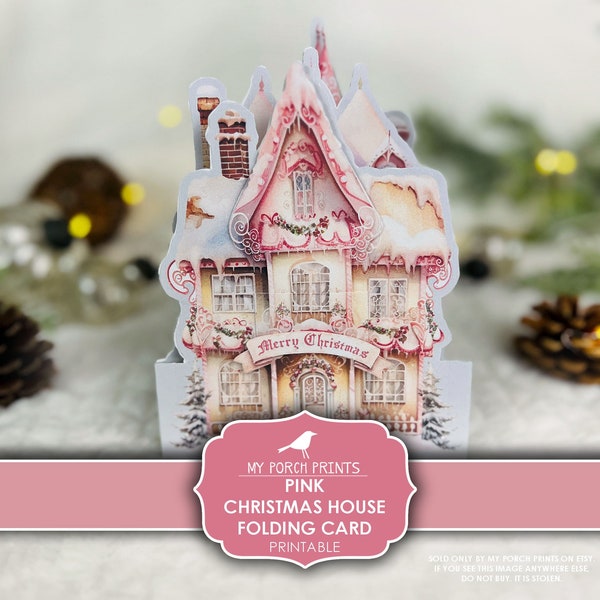 Pink Christmas House Folding Card, Junk Journal, Insert, Kit, 3D, Craft, Holiday, Gift, Cricut, Printable, My Porch Prints, Digital Download