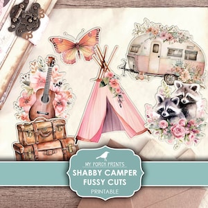 Junk Journal, Shabby, Camper, Fussy Cuts, Camping, Pink, RV, Tent, Cricut, Planner, Stickers, Printable, My Porch Prints, Digital Download