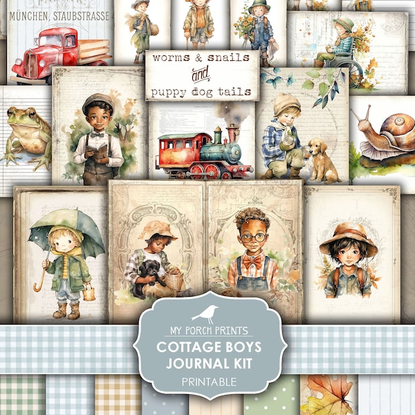 Junk Journal, Cottage Boys, Kit, Shabby, Children, Country, Cute, Little Boy, Grandson, Blue, My Porch Prints, Printable, Digital Download