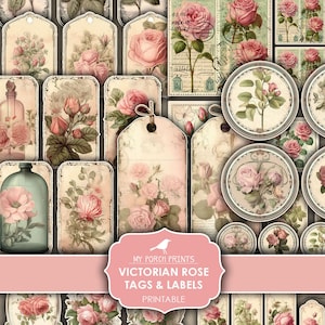 Junk Journal, Victorian, Rose, Tags, and, Labels, Shabby, Pink, Cricut, Planner, Sticker, Printable, My Porch Prints, Digital Download