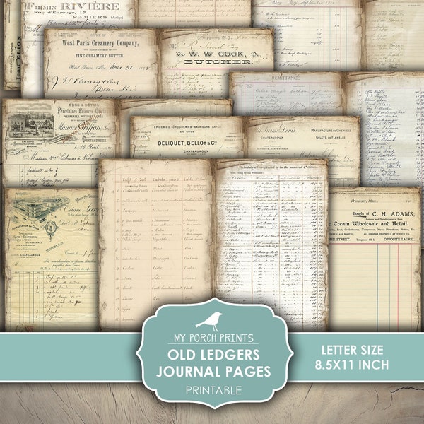 Junk Journal Pages, Old Ledgers, Ledger, Neutral, Masculine, Regular, Letter Size, Papers, My Porch Prints, Printable, Digital Download