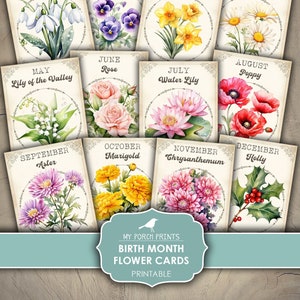Diario Basura, Nacimiento, Mes, Flor, Tarjetas, Floral, Rosa, Azul, Cumpleaños, Kit, Flores, Regalo, Impresiones de Mi Porche, Imprimible, Descarga Digital