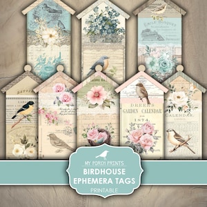 Junk Journal, Birdhouse, Ephemera, Tags, Maison, Forme, Shabby, Oiseaux, Rose, Coupe difficile, vintage, Imprimable, Mes impressions de porche, Téléchargement numérique