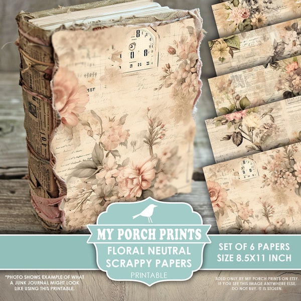 Floral Neutral Scrappy Papers, Junk Journal Pages, Vintage, Shabby, Backing, Paper, Pink, Rose, My Porch Prints, Printable, Digital Download