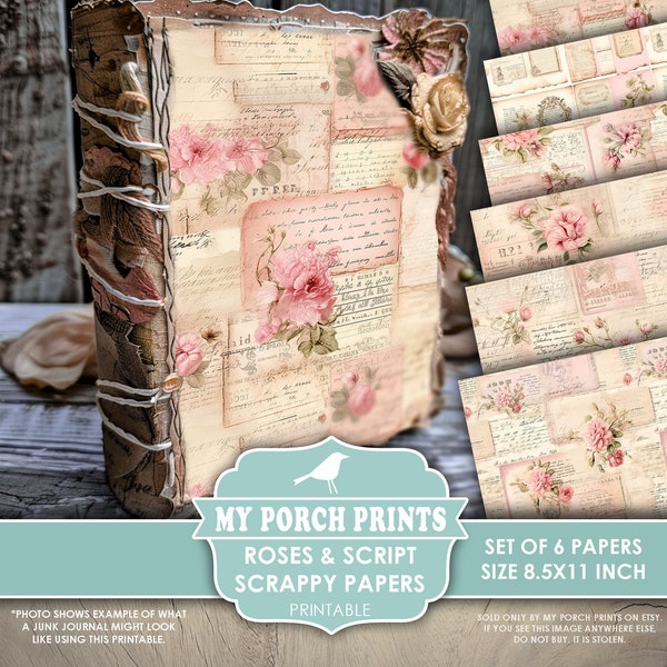 Roses And Script Scrappy Papers, Junk Journal, Pages, Floral, Vintage, Shabby, Backing, Pink, My Porch Prints, Printable, Digital Download