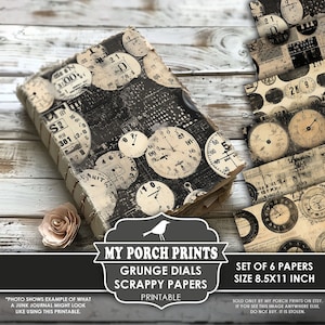 Grunge Dials Scrappy Papers, Junk Journal Pages, Steampunk, Clock, Black, Men, Neutral, Paper, My Porch Prints, Printable, Digital Download Bild 1