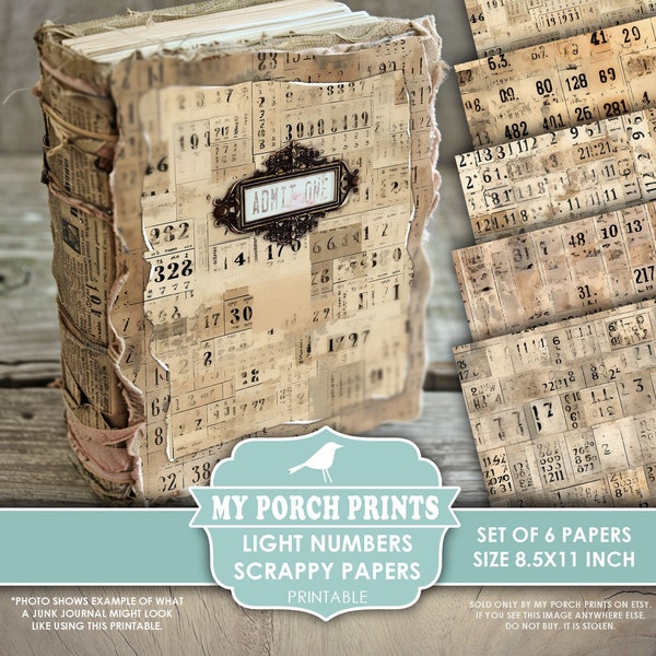 Light Number Scrappy Papers, Junk Journal, Sepia, Vintage, Grunge, Numbers, Backing, Paper, My Porch Prints, Printable, Digital Download