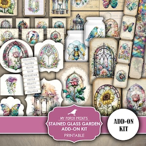 Junk Journal, Stained Glass, Garden, ADD ON, Kit, Colorful, Window, Butterfly, Papers, Flowers, My Porch Prints, Printable, Digital Download