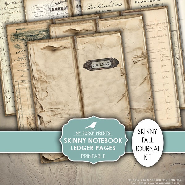 Skinny Notebook Ledger Pages Junk Journal, Tall, 4.25 x 11 Inch, Grunge, Neutral, Papers, My Porch Prints, Torn, Printable, Digital Download