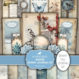 Winter Skinny Junk Journal Kit, Tall, Victorian, Vintage, Grunge, Holiday, Snow, Blue, Red, My Porch Prints, Printable, Digital Download