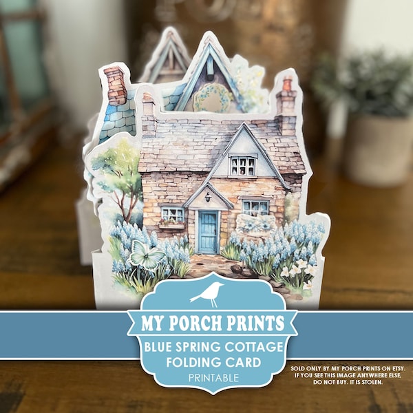 Blue Spring Cottage Folding Card, Junk Journal, Insert, Kit, 3D, Craft, House, Gift, Display, Printable, My Porch Prints, Digital Download