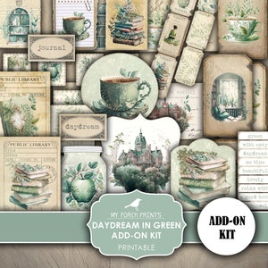 Junk Journal, Daydream in Green, Add On Kit, Library, Books, Home, Cottagecore, Sage, Cottage, My Porch Prints, Printable, Digital Download