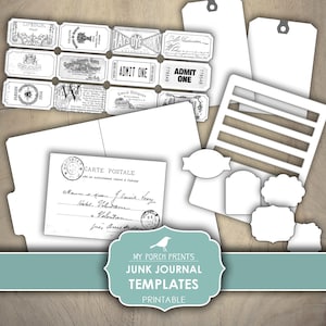 Junk Journal Kit Template, Ink Saver, Black, White, Template, Folder, Envelopes, Pockets, Printable, Digital, My Porch Prints, Download