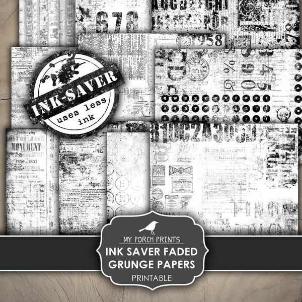 Faded Grunge Papers, Junk Journal, Ink Saver, Vintage, Black and White, Neutral, Industrial, Stamp, Digital, My Porch Prints, Download