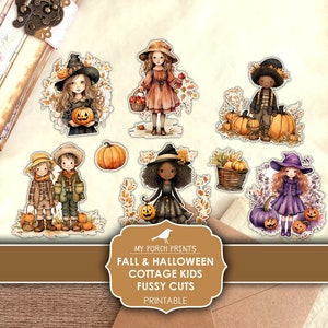 Junk Journal, Cottage Kids, Fussy Cuts, Fall, Halloween, Boys, Girls, Cricut, BuJo, Stickers, Printable, My Porch Prints, Digital Download