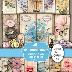 Spring Skinny Junk Journal Kit, Tall, Vintage, Pastel, Floral, Easter, Blue, Pink, Yellow, My Porch Prints, Printable, Digital Download