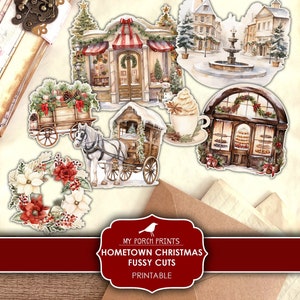 Hometown Christmas Fussy Cuts, Junk Journal, Rouge, Boutiques, Village, Cricut, BuJo, Autocollants, Imprimable, My Porch Prints, Téléchargement numérique