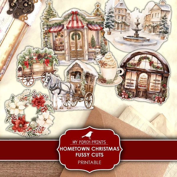 Hometown Christmas Fussy Cuts, Junk Journal, Red, Shops, Village, Cricut, BuJo, Stickers, Printable, My Porch Prints, Digital Download