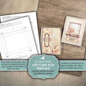 Gift Card Box Template Freebie, Junk Journal, Black, White, Gift, Facebook Group, Box, Present, My Porch Prints, Digital Download, Printable