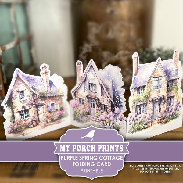 Purple Spring Cottage Folding Card, Junk Journal, Insert, Kit, 3D, Craft, House, Gift, Display, Printable, My Porch Prints, Digital Download