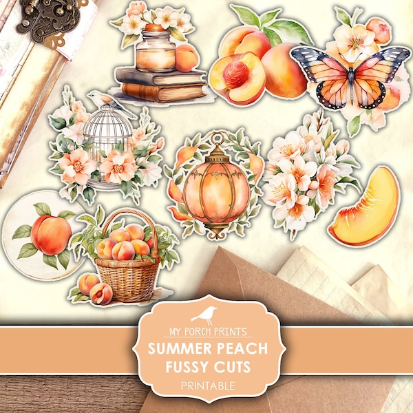 Junk Journal, Summer, Peach, Fussy Cuts, Fruit, Peaches, Orchard, Kit, Cricut, Stickers, Bujo, Printable, My Porch Prints, Digital Download