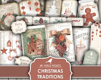 May include: A printable Christmas journal kit with a rustic theme. The kit includes images of ornaments, candles, a gingerbread man, a Christmas tree, and a house. The text "My Porch Prints Christmas Traditions Journal Kit Printable" is displayed on a brown background.