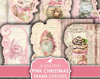 May include: Pink printable Christmas frame cutouts with vintage illustrations. The frames feature images of a Santa Claus, a bird in a nest, a hot chocolate cup, a bell, and a Christmas sign.
