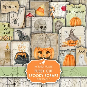 Halloween, Spooky Scraps, Fussy Cuts, Junk Journal, Autocollants, Papier, Cartes, Citrouilles, Automne, Mes tirages de porche, Téléchargement numérique imprimable