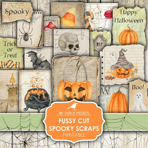 Halloween, Spooky Scraps, Fussy Cuts, Junk Journal, Stickers, Paper, Cards, Pumpkins, Fall, My Porch Prints, Printable Digital Download