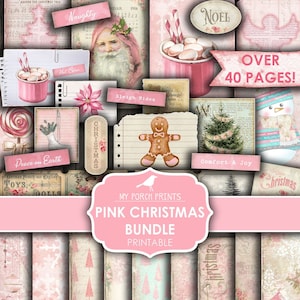 Pink Christmas, Bundle, Pack, Junk Journal, Tag, December Daily, Paper, Shabby, Yummy, Card, Printable, My Porch Prints, Digital Download