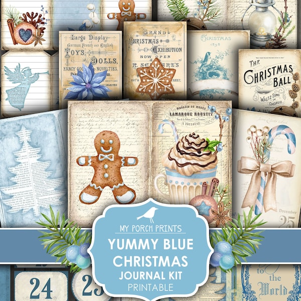 Yummy, Blue Christmas, Journal Kit, Junk Journal, December Daily, Teal, Book, Card, Gingerbread, Recipe, My Porch Prints, Digital Download