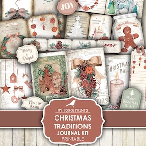 Christmas, Traditions, Junk Journal, Kit, Vintage, Printable, My Porch Prints, Digital, December Daily, Card, Gift, Red and Green, Download