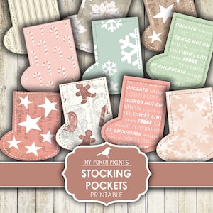 Christmas Stocking Pockets, Junk Journal, Tags, Advent Calendar, December Daily, Pink, Card, Printable, My Porch Prints, Digital Download