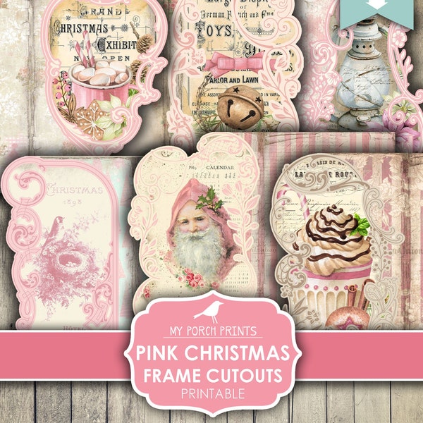 Pink, Christmas, Junk Journal, Frame, Cutouts, December Daily, Santa, Yummy, Card, Design, Printable, My Porch Prints, Digital Download