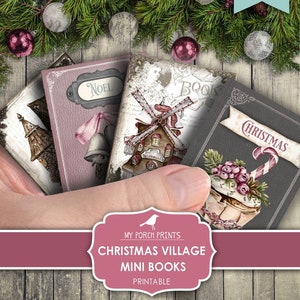 Mini Books, Christmas, Village, Junk Journal, Tag, Book, Stocking Stuffer, Gift, Miniature, My Porch Prints, Printable, Digital Download