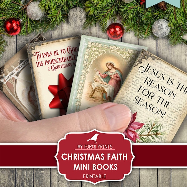 Mini Books, Christmas, Faith, Junk Journal, Tag, Book, Bible Verse, Scripture, Gift, Miniature, My Porch Prints, Printable, Digital Download