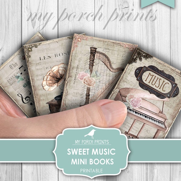 Mini Books, Sweet Music, Junk Journal, Instrument, Piano, Violin, Music Lover, Gift, Miniature, My Porch Prints, Printable, Digital Download