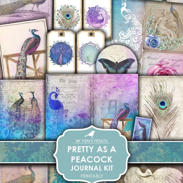 Junk Journal, Peacock, Pretty as a, Blue, Purple, Jewel Tones, Feather, Kit, Birds, Colorful, My Porch Prints, Digital Download, Printable