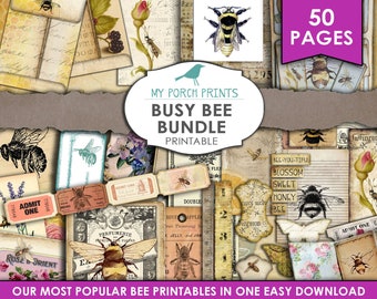 Puede incluir: Un paquete digital imprimible de 50 páginas con imágenes de estilo vintage de abejas, flores y otros elementos inspirados en la naturaleza. El título "My Porch Prints Busy Bee Bundle Printable" se muestra en una pancarta marrón.