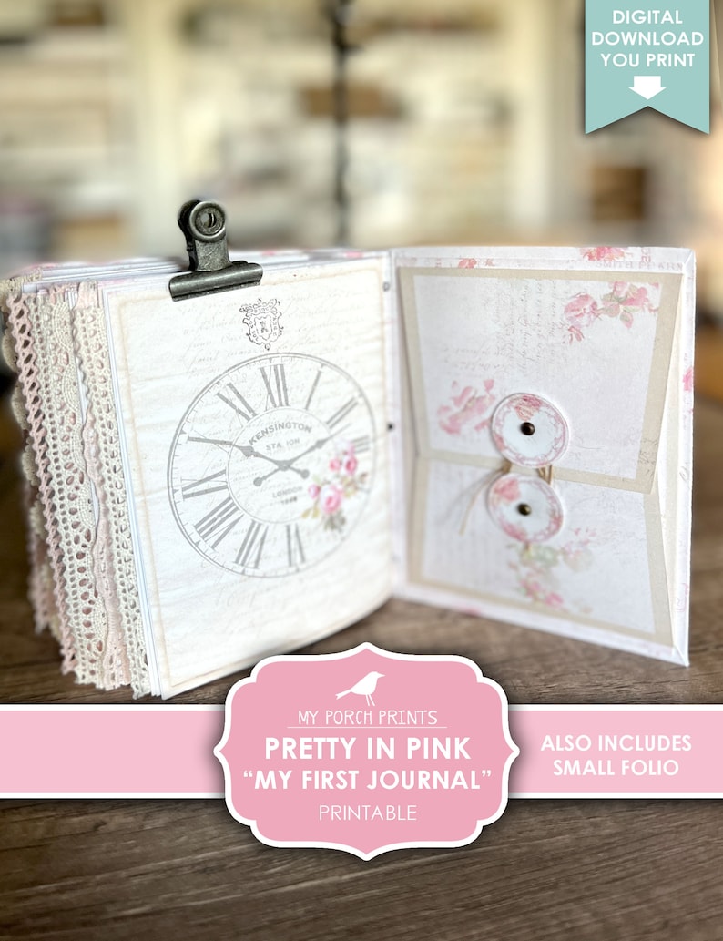 Op de afbeelding: Een printbare journalset in roze met een bloemenmotief. De set bevat een journalomslag, pagina's en een klein folio. De tekst op de omslag luidt "My Porch Prints Pretty in Pink "My First Journal" Printable".