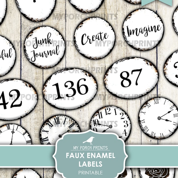 Enamel, Labels, Faux, Plates, Black and White, Hardware, Numbers, Clocks, Words, Junk Journal, My Porch Prints, Digital Download Printable