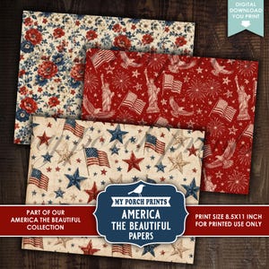 K&ouml;nnte beinhalten: Eine Sammlung dekorativer Papiere mit patriotischen Themen. Designs umfassen Blumenmuster, amerikanische Flaggen, Sterne und die Freiheitsstatue in Rot, Wei&szlig; und Blau. Die Papiere sind 21,6 x 27,9 cm gro&szlig;.