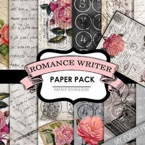 Romanze Writer, Printable Paper, Packung, Autor, Junk Journal Kit, Rose, Schreibschrift, Handschrift, Ephemera, Feder, Scrapbooking, Postkarte, Vintage