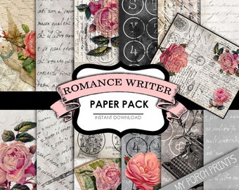Romansförfattare, utskrivbart papper, paket, författare, skräpjournalkit, ros, manus, handstil, efemera, gåspenna, scrapbooking, vykort, vintage