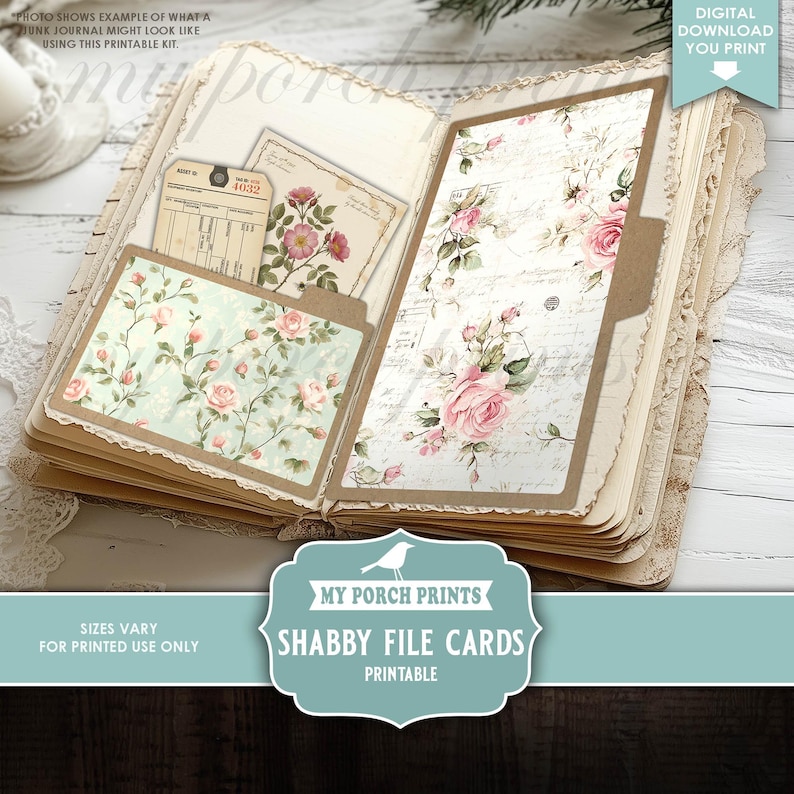 Shabby File Cards Junk Journal Ephemera Neutral Floral Pink Blue ...