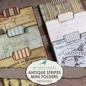Mini chemises de classement, antiques, rayures coutil, kit de journal indésirable, éphémère, neutre, imprimable, cartes, vintage, embellissement, téléchargement numérique