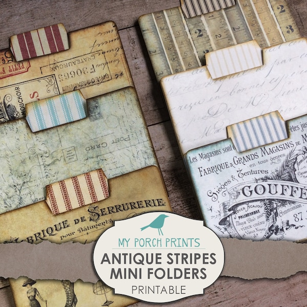 Mini Aktenordner, Antik, Ticking Stripes, Junk Journal Kit, Ephemera, Neutral, Printable, Karten, Vintage, Verschönerung, digitaler Download