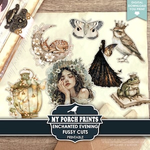 Enchanted Evening FUSSY CUTS, Junk Journal, Magic, Fairy Tale, Cricut, Stickers, Forest, Night, My Porch Prints, Printable, Digital Download