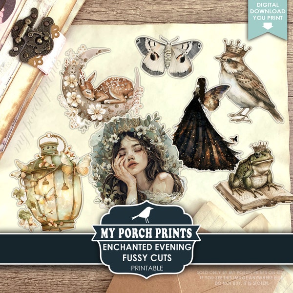 Enchanted Evening FUSSY CUTS, Junk Journal, Magic, Fairy Tale, Cricut, Stickers, Forest, Night, My Porch Prints, Printable, Digital Download