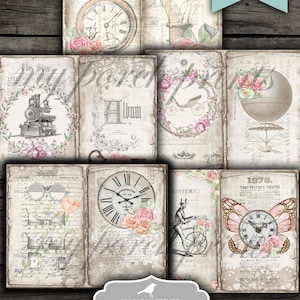 May include: A printable journal kit with a steampunk theme. The kit includes 10 sheets of journal pages with images of clocks, hot air balloons, a train, and other vintage elements. The pages are 8.5 inches by 11 inches and fold to 8.5 inches by 5.5 inches.